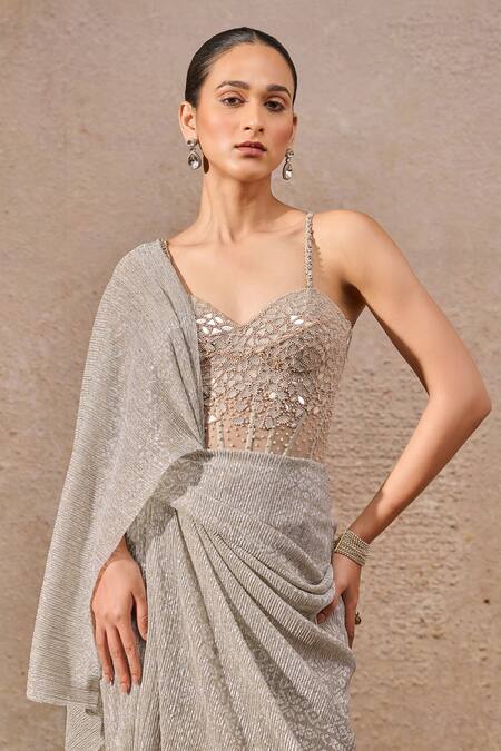 Tarun Tahiliani_Silver Crepe, Tulle Mirrors, Pearls Metallic Draped Concept Saree And Corset _Online_at_Aza_Fashions