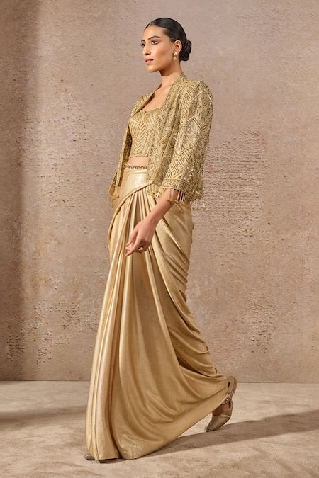Tarun Tahiliani_Gold Tulle, Net Sequins, Crystals Sweetheart Neck Cape Set With Draped Skirt _Online_at_Aza_Fashions
