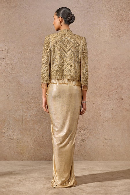 Tarun Tahiliani Gold Sequined Cape Set With Draped Skirt 