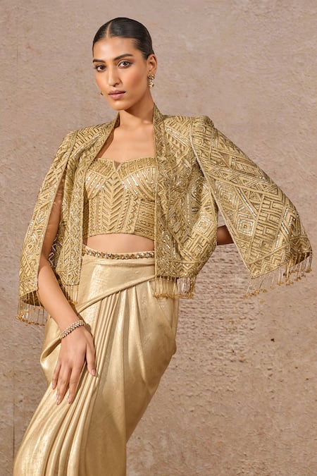 Buy_Tarun Tahiliani_Gold Tulle, Net Sequins, Crystals Sweetheart Neck Cape Set With Draped Skirt _Online_at_Aza_Fashions