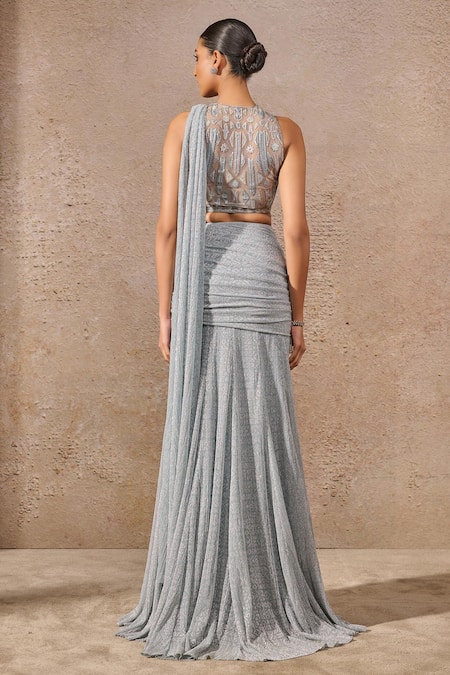 Shop_Tarun Tahiliani_Blue Tulle, Crepe Sequins, Smocking, Embroidered Pre-draped Saree And Blouse _at_Aza_Fashions