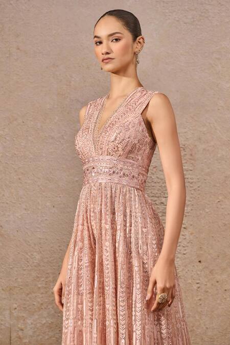 Tarun Tahiliani Pink Tulle, Net Sequins V-neck Blush Embroidered Jumpsuit Online at Aza Fashions Tarun Tahiliani_Pink Tulle, Net Sequins V-neck Blush Embroidered Jumpsuit _Online_at_Aza_Fashions