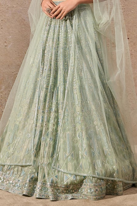 Buy_Tarun Tahiliani_Green Tulle, Net Sequins, Beads, Smocking Mint Embroidered Lehenga Set _Online_at_Aza_Fashions