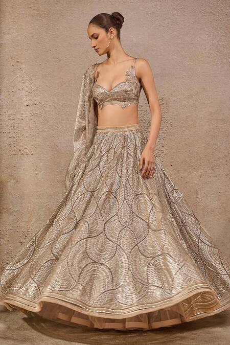 Buy_Tarun Tahiliani_Ivory Tulle, Tissue Sequins Sweetheart Neck Embroidered Lehenga Set _Online_at_Aza_Fashions
