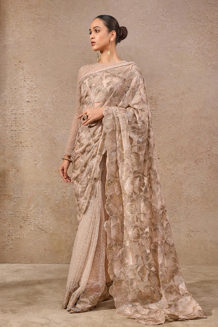 Buy_Tarun Tahiliani_Pink Tulle Sequins, Embroidery Round Neck Blush Saree Set _Online_at_Aza_Fashions