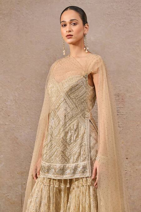 Tarun Tahiliani_Gold Tulle Tassels, Sequins, Crystals Round Neck Embroidered Kurta Set _Online_at_Aza_Fashions