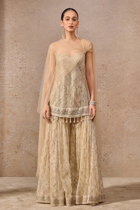 Buy_Tarun Tahiliani_Gold Tulle Tassels, Sequins, Crystals Round Neck Embroidered Kurta Set _Online_at_Aza_Fashions