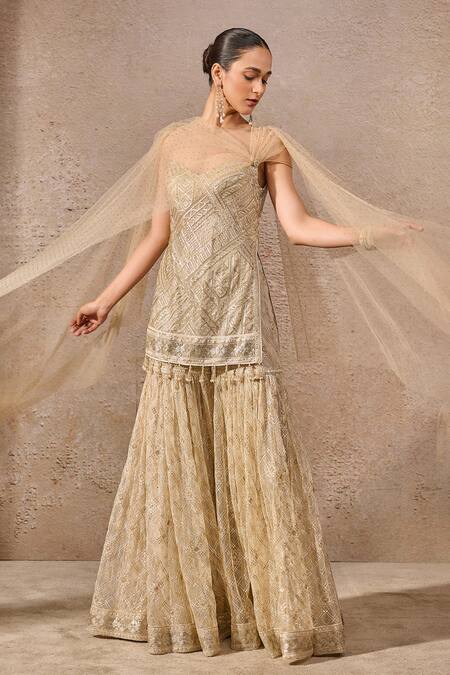 Shop_Tarun Tahiliani_Gold Tulle Tassels, Sequins, Crystals Round Neck Embroidered Kurta Set _Online_at_Aza_Fashions