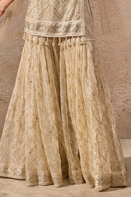 Tarun Tahiliani_Gold Tulle Tassels, Sequins, Crystals Round Neck Embroidered Kurta Set _at_Aza_Fashions