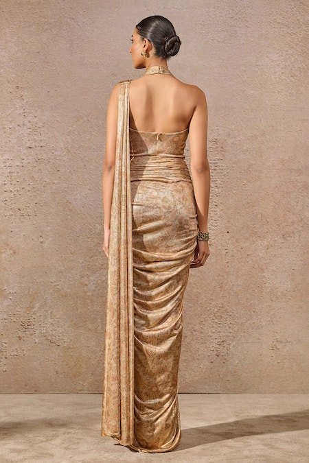 Shop_Tarun Tahiliani_Beige Jersey Embroidery, Crystals Floral Printed Pre-draped Saree And Bodysuit _at_Aza_Fashions