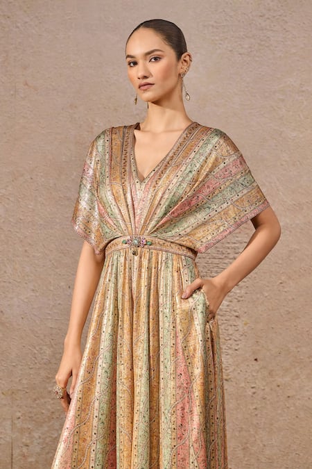 Tarun Tahiliani_Multi Color Jersey Crystals, Embroidery Multicolor Embellished Stripe Jumpsuit _Online_at_Aza_Fashions