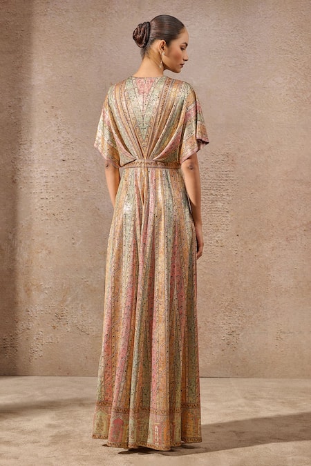 Shop_Tarun Tahiliani_Multi Color Jersey Crystals, Embroidery Multicolor Embellished Stripe Jumpsuit _at_Aza_Fashions