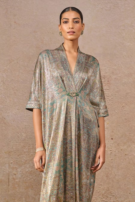 Tarun Tahiliani_Multi Color Jersey Crystals V-neck Geometric Printed Draped Kaftan _Online_at_Aza_Fashions