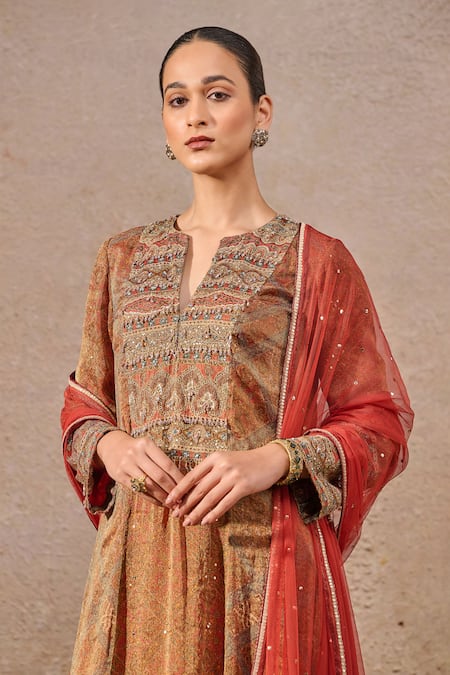 Buy_Tarun Tahiliani_Multi Color Tulle, Tissue Pearls, Mirrors Geometric Print Kurta Set With Dupatta _Online_at_Aza_Fashions