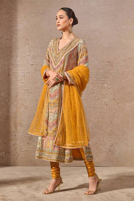 Shop_Tarun Tahiliani_Multi Color Silk, Tulle, Tissue Gota Multicolor Paisley Embellished Kurta Set _Online_at_Aza_Fashions