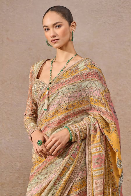 Tarun Tahiliani_Multi Color Georgette Gota Patti, Multicolor Stripe Print Saree And Blouse _Online_at_Aza_Fashions