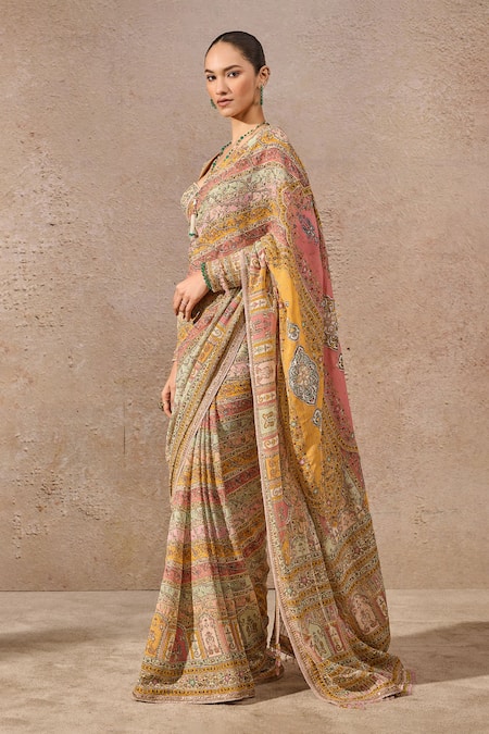 Buy_Tarun Tahiliani_Multi Color Georgette Gota Patti, Multicolor Stripe Print Saree And Blouse _Online_at_Aza_Fashions