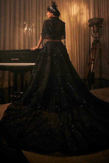 Amit GT Black Sequin Embroidered Jacket Lehenga Set 