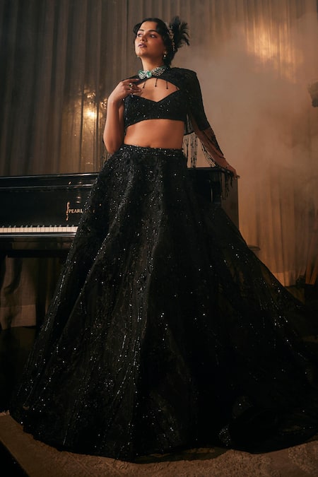 Amit GT_Black Net Sequins, Cut Work, Zari, Crystals Embroidered Jacket Lehenga Set _Online_at_Aza_Fashions