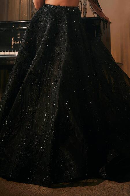 Buy_Amit GT_Black Net Sequins, Cut Work, Zari, Crystals Embroidered Jacket Lehenga Set _Online_at_Aza_Fashions
