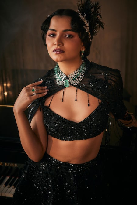 Shop_Amit GT_Black Net Sequins, Cut Work, Zari, Crystals Embroidered Jacket Lehenga Set _Online_at_Aza_Fashions