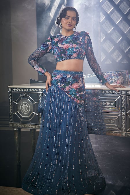 Amit GT Blue Net Sequins, Beads, Cut Work, Zari Floral Embroidered Blouse And Lehenga Set Online at Aza Fashions Amit GT_Blue Net Sequins, Beads, Cut Work, Zari Floral Embroidered Blouse And Lehenga Set _Online_at_Aza_Fashions