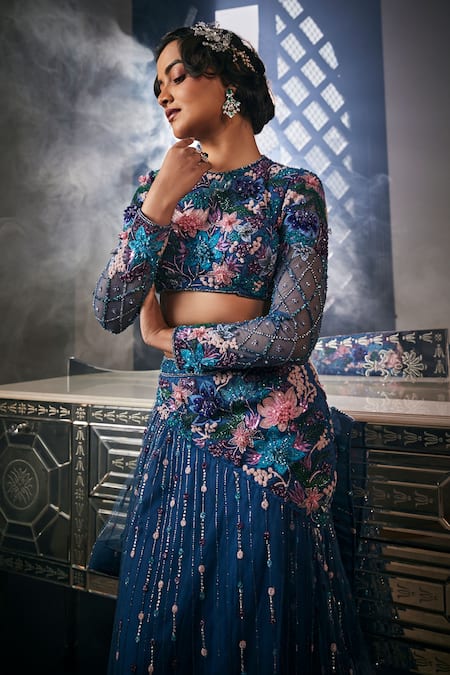 Buy Amit GT Blue Net Sequins, Beads, Cut Work, Zari Floral Embroidered Blouse And Lehenga Set Online at Aza Fashions Buy_Amit GT_Blue Net Sequins, Beads, Cut Work, Zari Floral Embroidered Blouse And Lehenga Set _Online_at_Aza_Fashions