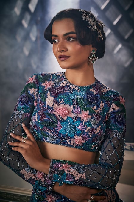 Amit GT Blue Net Sequins, Beads, Cut Work, Zari Floral Embroidered Blouse And Lehenga Set at Aza Fashions Amit GT_Blue Net Sequins, Beads, Cut Work, Zari Floral Embroidered Blouse And Lehenga Set _at_Aza_Fashions
