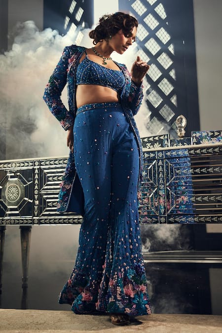 Amit GT_Blue Net Sequins, Beads, Cut Work Open Floral Embroidered Jacket And Pant Set _Online_at_Aza_Fashions