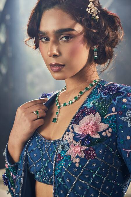 Buy_Amit GT_Blue Net Sequins, Beads, Cut Work Open Floral Embroidered Jacket And Pant Set _Online_at_Aza_Fashions