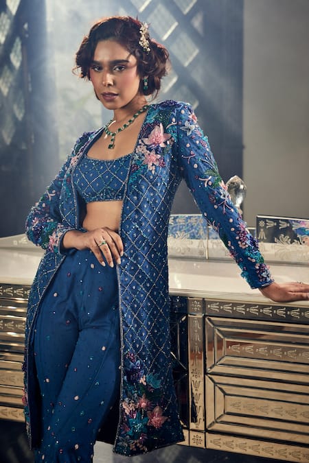 Shop_Amit GT_Blue Net Sequins, Beads, Cut Work Open Floral Embroidered Jacket And Pant Set _Online_at_Aza_Fashions