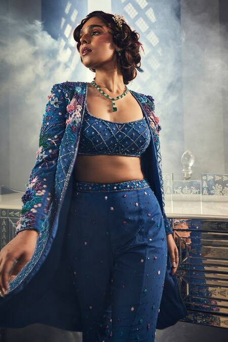 Amit GT_Blue Net Sequins, Beads, Cut Work Open Floral Embroidered Jacket And Pant Set _at_Aza_Fashions