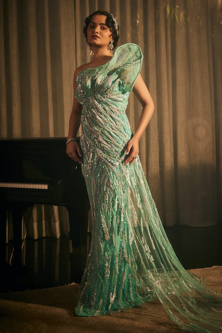Buy Amit GT Blue Net Sequins, Beads, Zari Asymmetric Stripe Embroidered Draped Gown Online at Aza Fashions Buy_Amit GT_Blue Net Sequins, Beads, Zari Asymmetric Stripe Embroidered Draped Gown _Online_at_Aza_Fashions