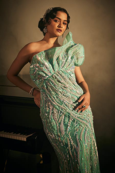 Amit GT Blue Net Sequins, Beads, Zari Asymmetric Stripe Embroidered Draped Gown at Aza Fashions Amit GT_Blue Net Sequins, Beads, Zari Asymmetric Stripe Embroidered Draped Gown _at_Aza_Fashions