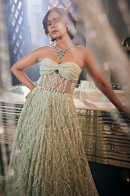 Amit GT_Green Net Embroidery Sweetheart Neck Zardozi Gown With Cape _Online_at_Aza_Fashions