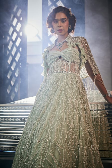 Shop_Amit GT_Green Net Embroidery Sweetheart Neck Zardozi Gown With Cape _Online_at_Aza_Fashions
