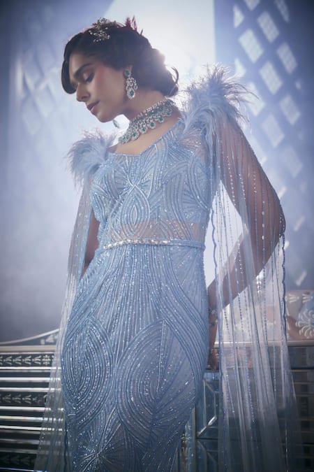 Amit GT_Blue Net Sequins V-neck Abstract Embroidered Gown _Online_at_Aza_Fashions