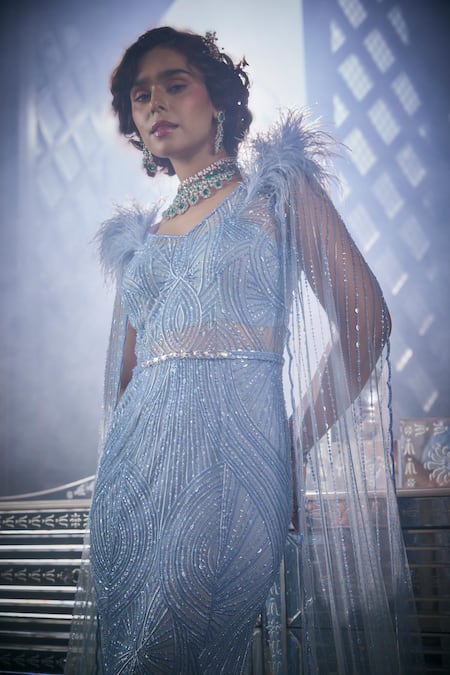 Buy_Amit GT_Blue Net Sequins V-neck Abstract Embroidered Gown 