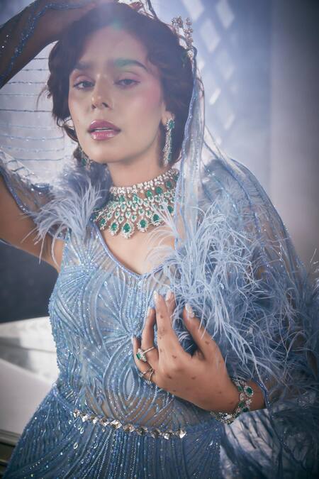 Shop_Amit GT_Blue Net Sequins V-neck Abstract Embroidered Gown 