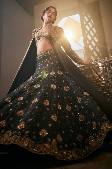 Amit GT_Black Net Sequins, Beads, Cut Zardozi Embroidered Longline Jacket Lehenga Set _Online_at_Aza_Fashions