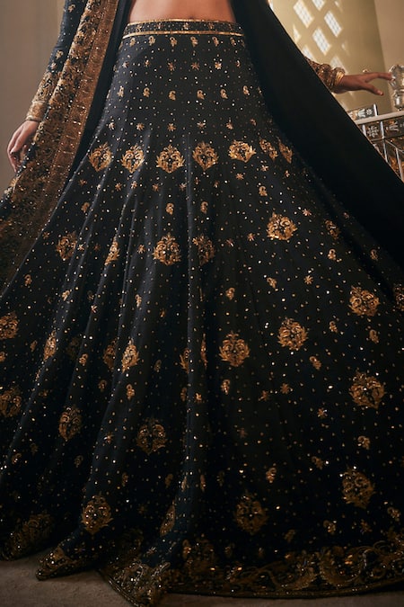 Buy_Amit GT_Black Net Sequins, Beads, Cut Zardozi Embroidered Longline Jacket Lehenga Set _Online_at_Aza_Fashions