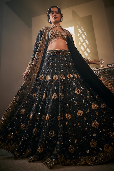 Shop_Amit GT_Black Net Sequins, Beads, Cut Zardozi Embroidered Longline Jacket Lehenga Set _Online_at_Aza_Fashions