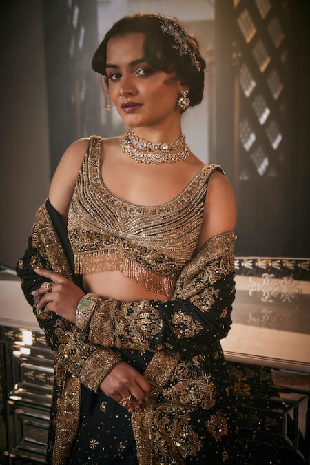 Amit GT_Black Net Sequins, Beads, Cut Zardozi Embroidered Longline Jacket Lehenga Set _at_Aza_Fashions