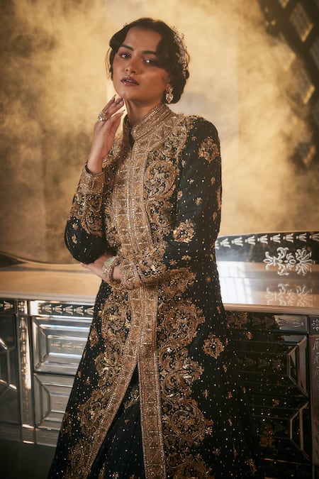 Shop_Amit GT_Black Net Sequins, Beads, Cut Zardozi Embroidered Longline Jacket Lehenga Set 