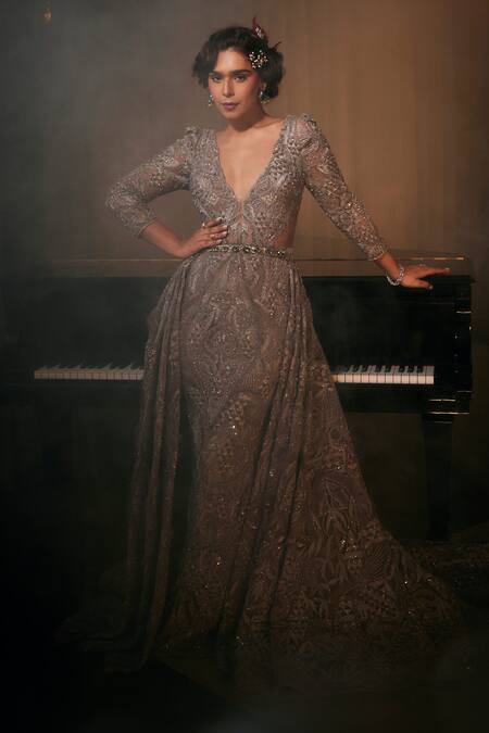 Amit GT_Gray Net Beads, Sequins, Zari V-neck Grey Zardozi Embroidered Gown With Trail _Online_at_Aza_Fashions