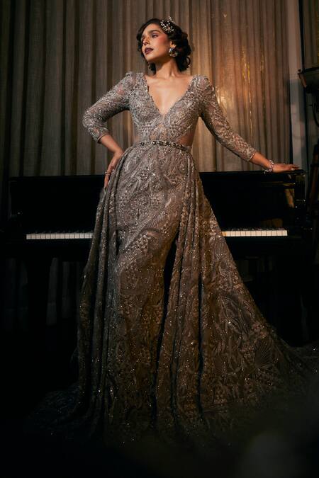 Buy_Amit GT_Gray Net Beads, Sequins, Zari V-neck Grey Zardozi Embroidered Gown With Trail _Online_at_Aza_Fashions