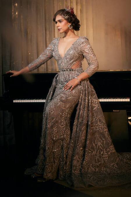 Shop_Amit GT_Gray Net Beads, Sequins, Zari V-neck Grey Zardozi Embroidered Gown With Trail _Online_at_Aza_Fashions