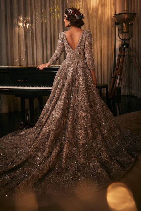 Amit GT Grey Zardozi Embroidered Gown With Trail 