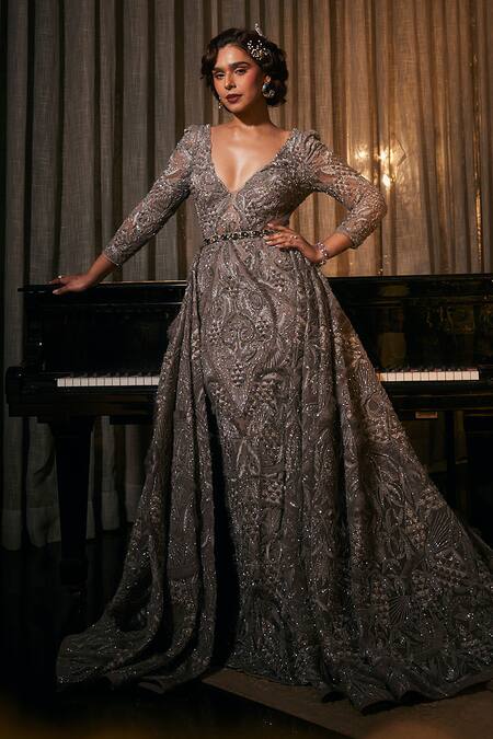 Buy_Amit GT_Gray Net Beads, Sequins, Zari V-neck Grey Zardozi Embroidered Gown With Trail 