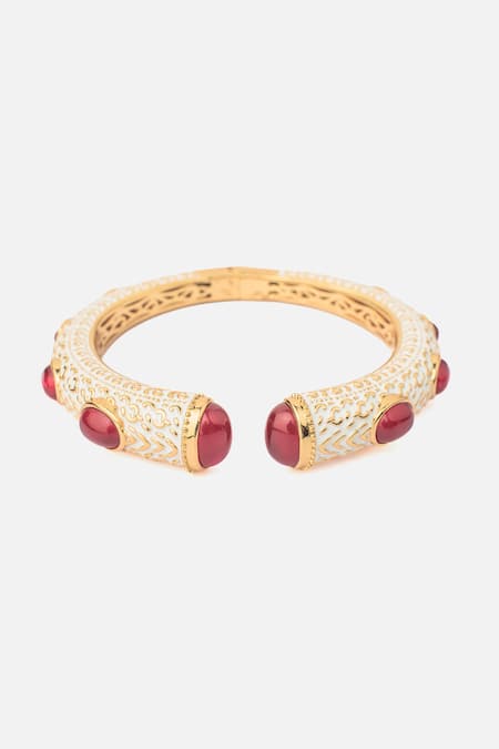 Shop Vivinia By Vidhi Mehra Red Zari Zircon And Synthetic Ruby Enamelled Kada Bangle at Aza Fashions Shop_Vivinia By Vidhi Mehra_Red Zari Zircon And Synthetic Ruby Enamelled Kada Bangle _at_Aza_Fashions